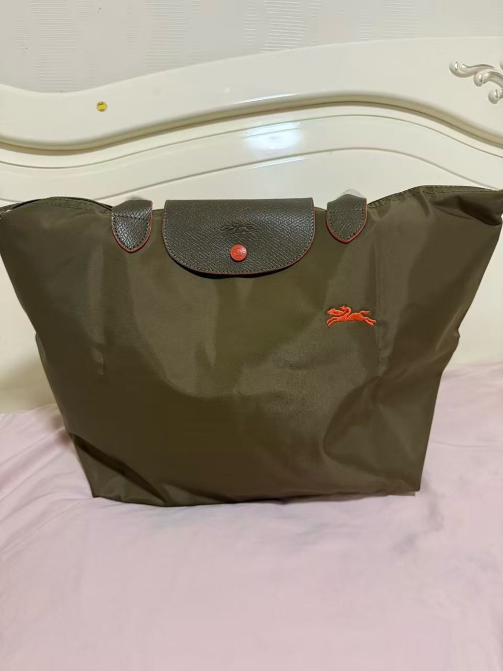 New Longchamp Military green Tote With Orange Leather Trim